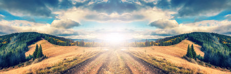 road in the mountains. Wonderful autumn mountain landscape. majestic, overcast clouds in sunlight....