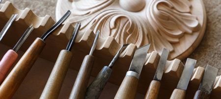Wood processing. Joinery work. wood carving. chisels for carving close up. small depth of field. use...