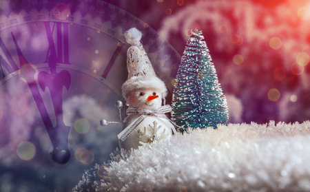Classic postcard. for a Christmas project or a festive winter background. Christmas snowman with...