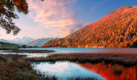 Wonderful Alpine Landscape in Sunny day. Colorful Autumn scene