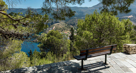 Wonderful summer seascape with perfect blue sky of Ionian Sea. Viewpoint of Assos village....