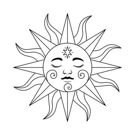 Vector line art of magic sun with face isolated on white background. Celestial illustration for astrological blogs, prints, labels, tags.のイラスト素材