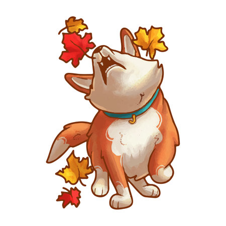 Vector illustration of cartoon happy corgi playing in autumn foliage isolated on white background. Dog illustration for stickers, grooming saloon, prints, mascot.のイラスト素材