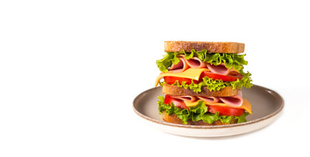 Club sandwich with ham, cheese, tomato and lettuce.の写真素材