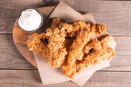 Crispy fried chicken strips with mayonnaise on wooden boardの写真素材