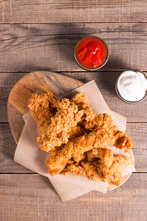 Fried chicken strips with ketchup and mayonnaise. Food backgroundの写真素材
