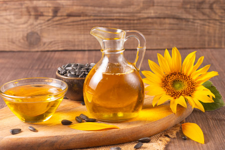Sunflower oil in a glass jug and sunflower seeds on a wooden backgroundの写真素材