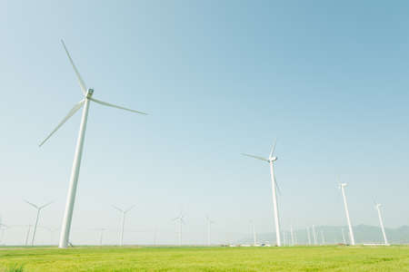 a green barley field with a view of wind power plants.の写真素材