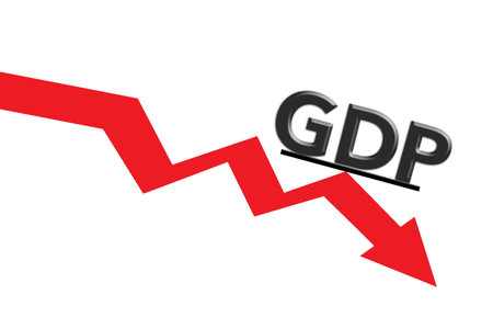 GDP text on a red arrow pointing down.の写真素材