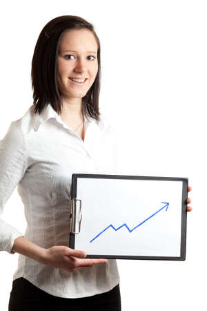 a young woman holding a chart indicatin growthの写真素材