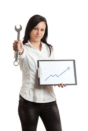 a young woman holding a chart indicatin growthの写真素材