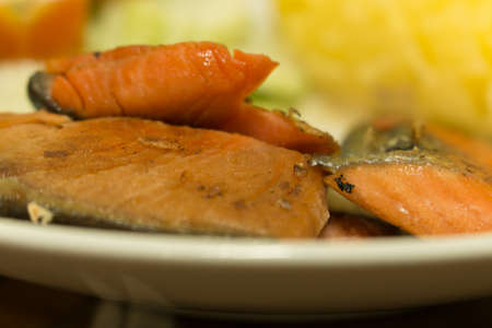 Steak Salmon on the dishの写真素材