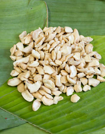 A pile of cashew view from top on the banana leafの写真素材