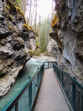 Johnston Canyon Trail, Upper and Lower Falls, Banff National Park, Canadian Rockies, Alberta, Canadaの写真素材