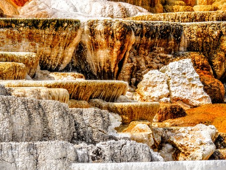 Varied Hot Spring Thermal Colors - Mammoth Hot Springs is Yellowstone's only major thermal area located well outside the Caldera. The terraces change constantly--sometimes noticeable within a dayの写真素材
