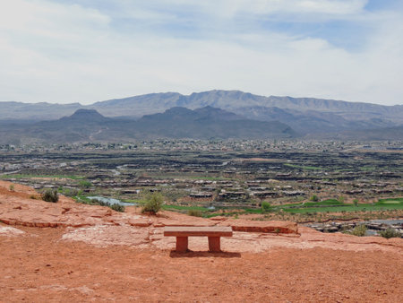 Desert and city panoramic views from hiking trails around St. George Utah around Beck Hill, Chuckwalla, Turtle Wall, Paradise Rim, and Halfway Wash trails in Western USAの写真素材