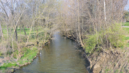 River, tree and park views around Bean Creek Garfield Park in Indianapolis Indiana