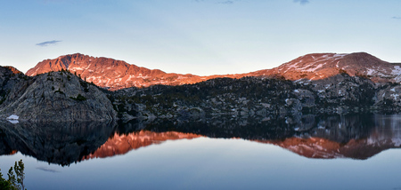 Seneca Lake in the Wind River Range, Rocky Mountains, Wyoming, views from backpacking hiking trail to Titcomb Basin from Elkhart Park Trailhead going past Hobbs, Island, Upper and Lower Jean Lakes as well as Photographers point.の写真素材