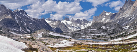 Upper and Lower Jean Lake in the Titcomb Basin along the Wind River Range, Rocky Mountains, Wyoming, views from backpacking hiking trail to Titcomb Basin from Elkhart Park Trailhead going past Hobbs, Seneca, and Island Lakes as well as Photographers point.の写真素材