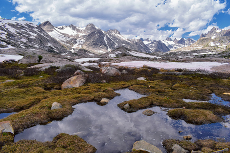 Upper and Lower Jean Lake in the Titcomb Basin along the Wind River Range, Rocky Mountains, Wyoming, views from backpacking hiking trail to Titcomb Basin from Elkhart Park Trailhead going past Hobbs, Seneca, and Island Lakes as well as Photographers point.の写真素材