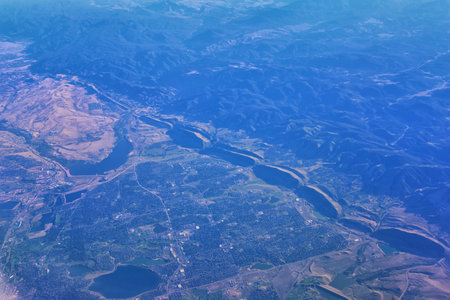 Aerial view of topographical Rocky Mountain landscapes on flight over Colorado and Utah during...