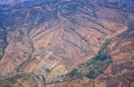 Aerial view of topographical Rocky Mountain landscapes on flight over Colorado and Utah during...