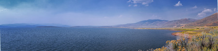 Strawberry Reservoir Bay in Late Summer early Fall panorama forest views along Highway 40 near Daniels Summit between Heber and Duchesne in the Uintah Basin, Utah, USA.の写真素材