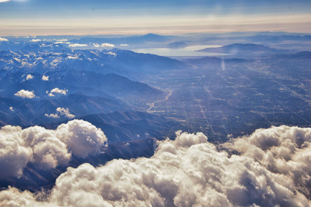Aerial view of topographical Rocky Mountain landscapes on flight over Colorado and Utah during...