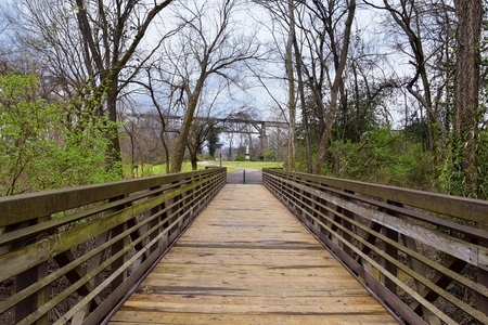 Views of Bridges and Pathways along the Shelby Bottoms Greenway and Natural Area Cumberland River frontage trails, bottomland hardwood forests, open fields, wetlands, and streams, Nashville, Tennessee. United States.の写真素材