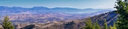 Wasatch Front Rocky Mountain landscapes from Oquirrh range looking at Utah Lake during fall. Panorama views near Provo, Timpanogos, Lone and Twin Peaks. Salt Lake City. United States.の写真素材