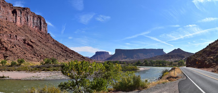 Moab Panorama views of Colorado River Highway UT 128  in Utah around  Hal and Jackass canyon and Red...