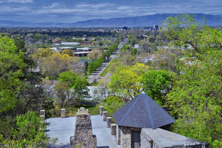 Amphitheater ruins with castle like tourettes made of stone and rock, overlooking Utah Lake just East of the Utah State Hospital. Old antique amphitheater in the city of Provo  in Utah, United States. USA.の写真素材