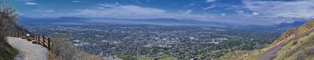 Provo Landscape and Utah Lake views from the Bonneville Shoreline Trail (BST) and the Y trail, which follows the eastern shoreline of ancient Lake Bonneville, now the Great Salt Lake, along the Wasatch Front Rocky Mountains. USAの写真素材