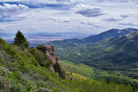 Rocky Mountain Wasatch Front peaks, panorama landscape view from Butterfield Canyon Oquirrh range...