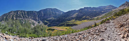 Timpanogos hiking trail landscape views in Uinta Wasatch Cache National Forest, around Utah Lake, in the Rocky Mountains in fall. Views of Midway, Heber, Provo city, Salt Lake and Utah County. USA.の写真素材