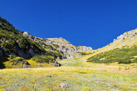 Timpanogos hiking trail landscape views in Uinta Wasatch Cache National Forest, around Utah Lake, in the Rocky Mountains in fall. Views of Midway, Heber, Provo city, Salt Lake and Utah County. USA.の写真素材