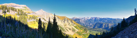 Timpanogos hiking trail landscape views in Uinta Wasatch Cache National Forest, around Utah Lake, in...