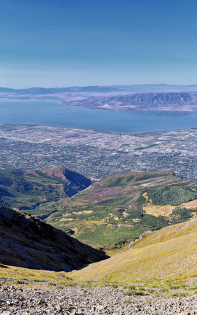 Timpanogos hiking trail landscape views in Uinta Wasatch Cache National Forest, around Utah Lake, in...