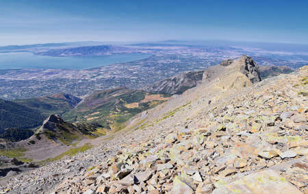 Timpanogos hiking trail landscape views in Uinta Wasatch Cache National Forest, around Utah Lake, in the Rocky Mountains in fall. Views of Midway, Heber, Provo city, Salt Lake and Utah County. USA.の写真素材