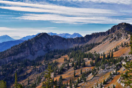 Sunset Peak hiking trail views towards Devilâs Castle Sugarloaf Mountain at Alta Resort on Great Western Trail in Rocky Wasatch Front Mountains, Midway and Heber, Utah. United States.の写真素材
