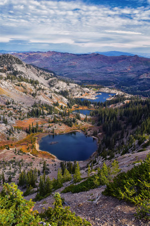Lake Mary Marth Catherine panorama views from hiking trail to Sunset Peak on the Great Western Trail...