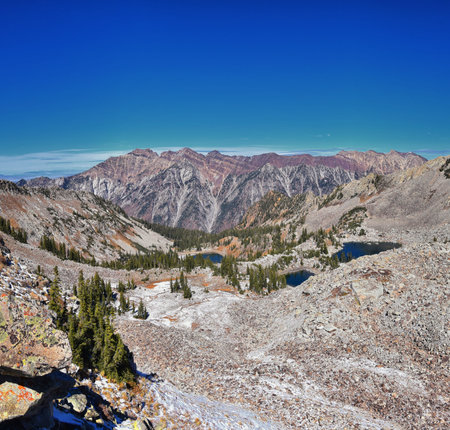 Red Pine Lake mountain landscape scenic view from White Baldy and Pfeifferhorn hiking trail, towards...
