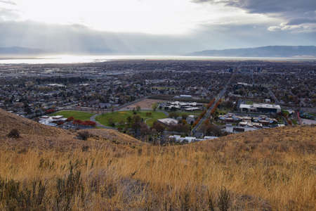 Utah State Hospital, Provo Landscape views from the Bonneville Shoreline Trail (BST), which follows the eastern shoreline of ancient Lake Bonneville Great Salt Lake, Wasatch Front Rocky Mountains Utahの写真素材