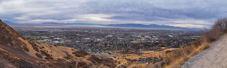Slide Canyon views from hiking trail fall leaves mountain landscape, Y Trail, Provo Peak, Slate Canyon, Rock Canyon, Wasatch Rocky mountain Range, Utah, United States.の写真素材