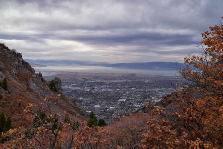 Slide Canyon views from hiking trail fall leaves mountain landscape, Y Trail, Provo Peak, Slate Canyon, Rock Canyon, Wasatch Rocky mountain Range, Utah, United States.の写真素材