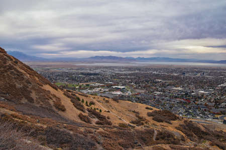 Slide Canyon views from hiking trail fall leaves mountain landscape, Y Trail, Provo Peak, Slate Canyon, Rock Canyon, Wasatch Rocky mountain Range, Utah, United States.の写真素材