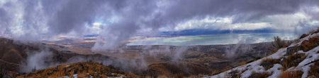 Lake Mountains Peak winter snow mountain hiking trail views via Israel Canyon towards Radio Towers,...