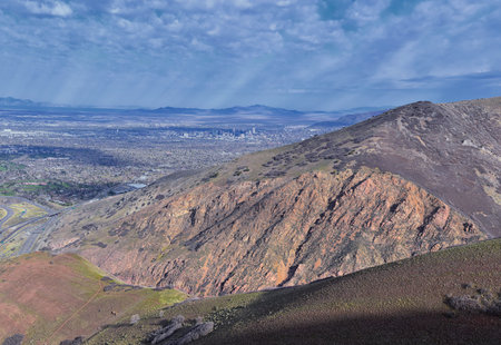 Downtown Salt Lake City View from Grandeur Peak trail mountain hiking trail views via Bonneville...