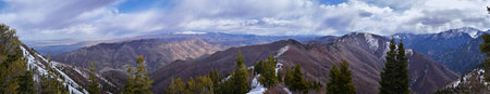 Rocky Mountains landscape views from Grandeur Peak hiking trail, Bonneville Shoreline Pipe Line Overlook Rattlesnake Gulch trail, Wasatch Front, by Salt Lake City, Utah. United States. USAの写真素材