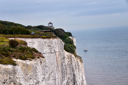 White Cliffs of Dover. Close up detailed landscape view of the cliffs from the walking path by the...